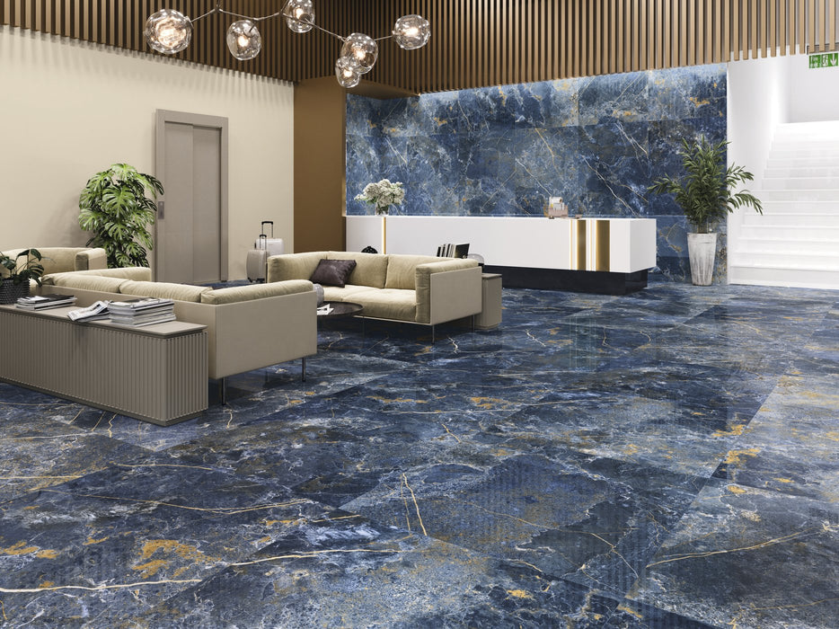 Icaro Blue Gloss Marble Effect Tiles 600x1200mm