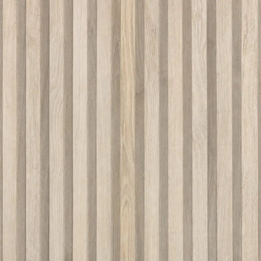 A rectangular panel featuring vertical light beige and gray wood-grain stripes, shown against a plain white background.