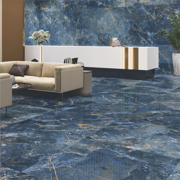 Icaro Blue Gloss Marble Effect Tiles 600x1200mm