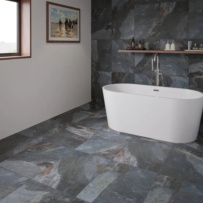 Burbank Storm Blue Grey Stone Effect Porcelain Wall and Floor Tiles 600x400mm