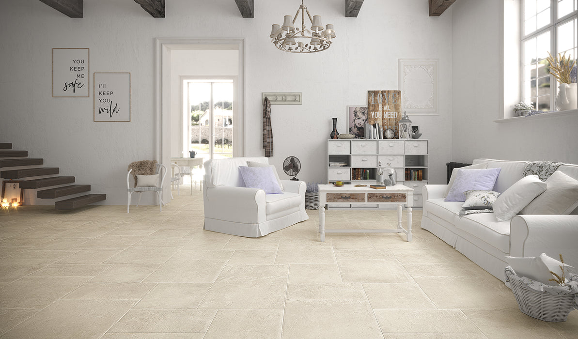 Camelot cream heritage modular tiles 60x60cm, 60x30cm, 45x45cm.