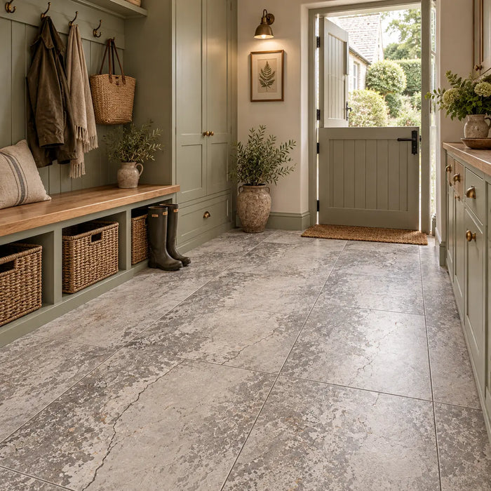 Planet Grey Oxide Metal Effect Wall & Floor Tiles boot room flooring