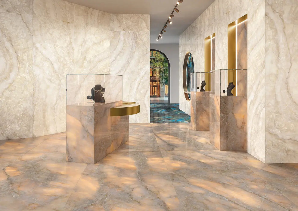 Luminous Topaz Polished Onyx Gold Effect Porcelain Matt and Polished Tiles - 60x120cm