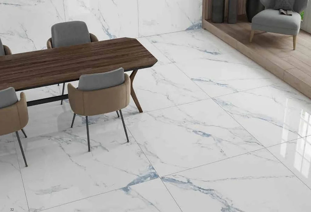 Light Carrara Blue Marble gloss and matt porcelain tiles cut sample