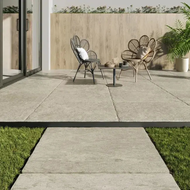 Yorkshire Antique Ivory Tumbled Effect Outdoor Porcelain Tiles cut sample