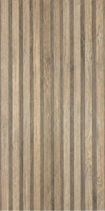 A rectangular panel featuring a vertical wood grain pattern in warm brown and beige tones, centered on a plain white background.