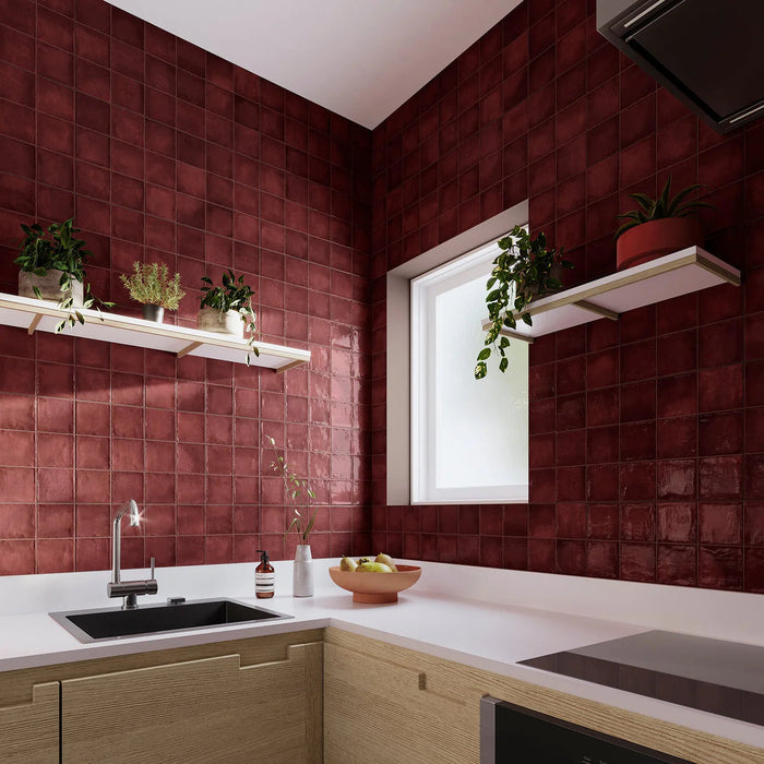 Burgundy Red Zellige style tiles Wall Tiles cut sample TILEJOB.CO.UK