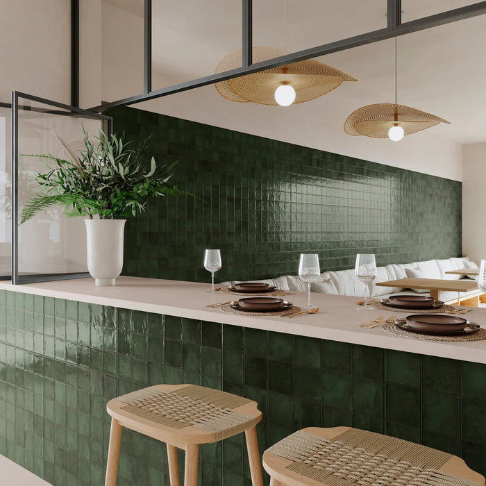 Bottle Green Zellige style tiles Wall Tiles cut sample TILEJOB.CO.UK