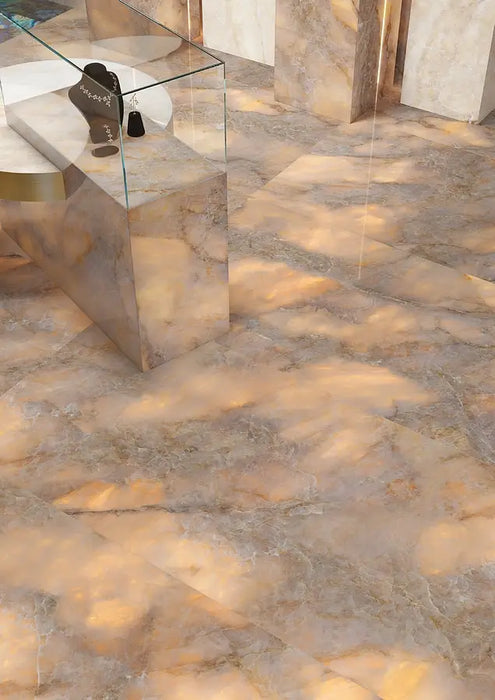 Luminous Topaz Polished Onyx Gold Effect Porcelain Matt and Polished Tiles - 60x120cm