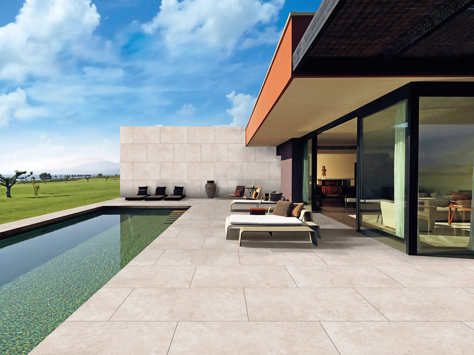 Travertino outdoor porcelain tile cut sample TILEJOB.CO.UK