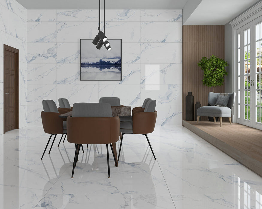 Light Carrara Blue Marble gloss and matt porcelain tiles cut sample