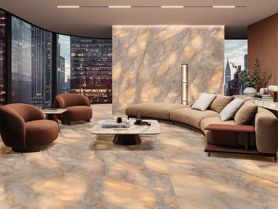 Luminous Topaz Polished Onyx Gold Effect Porcelain Matt and Polished Tiles - 60x120cm